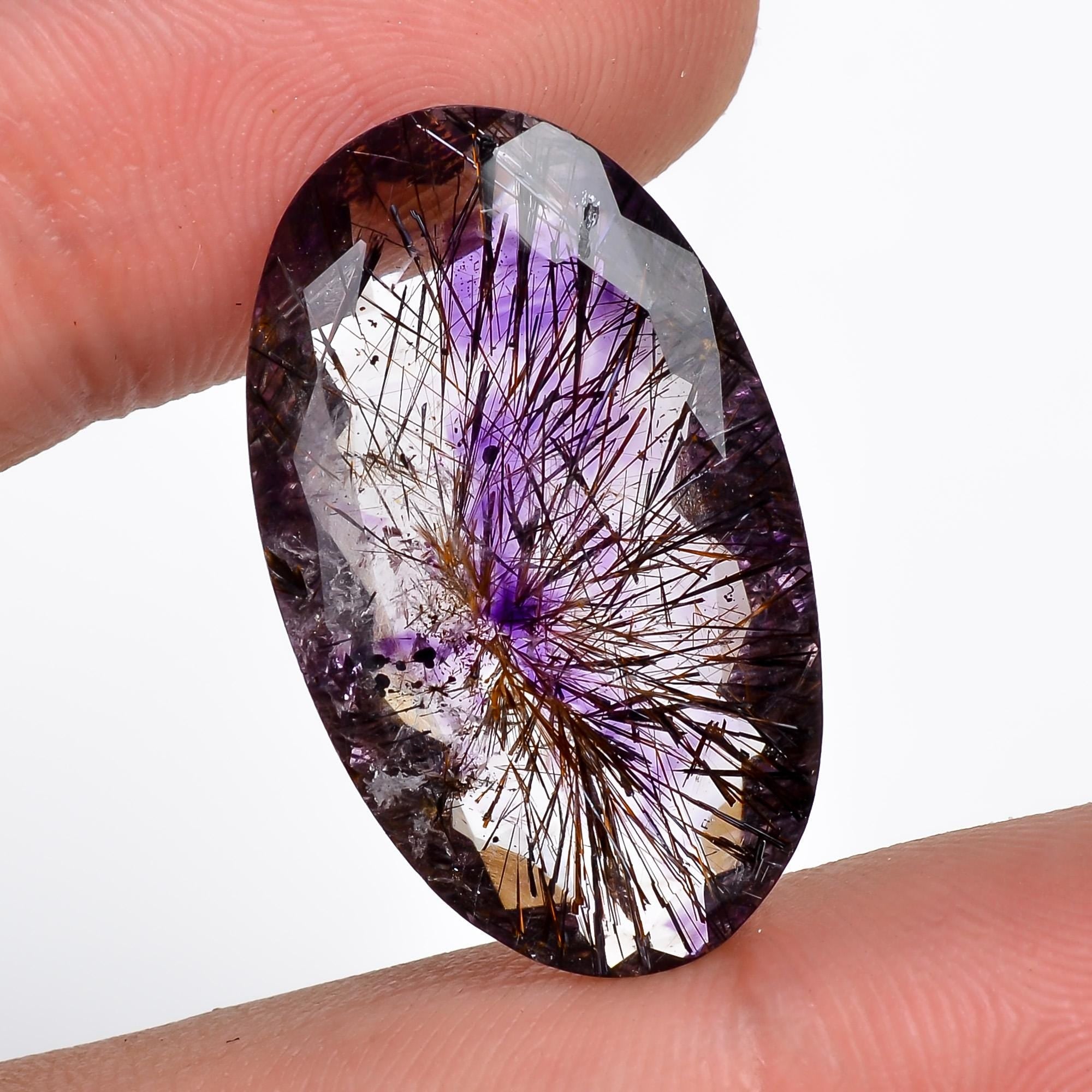amethyst with cacoxenite natural quartz oval shape cut stone loose gemstone